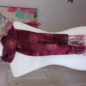 Silk scarf unisex fringe tribal 45 x 11 rectangular shape burgundy maroon pink